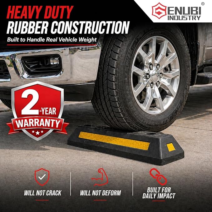 Curb Garage Vehicle Floor Parking Stopper, Heavy Duty Rubber Parking Lot Driveway Stopper with Yellow Refective Stripes for Car Vans Trucks RVs Trailer Tire Wheel Guide Block Protect Bumper, 1PC