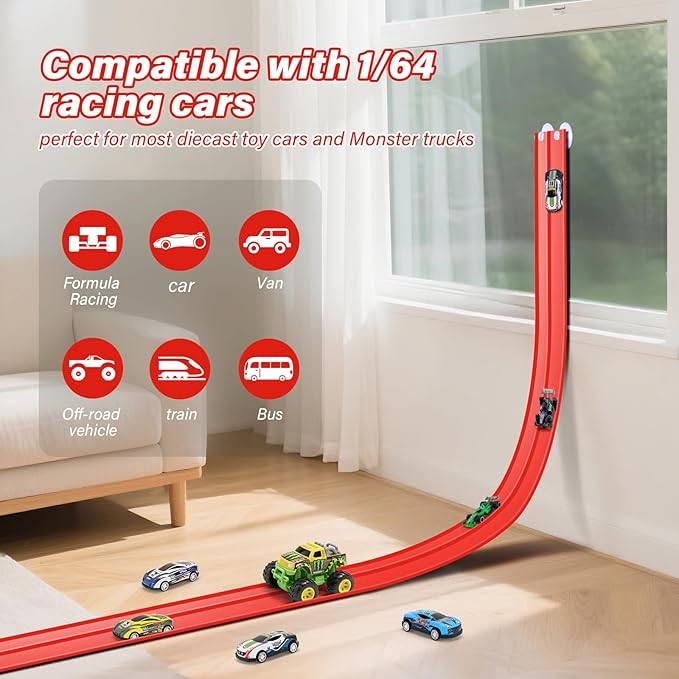 KETIEE Flex Tracks 16Ft for Kids: Flexible Race Car Ramp Track with 4 Small Racecars and 8 Suction Cups Compatible with Diecast 1/64th Cars, Rolls Up Portable Racetrack for Ages 3 & Up