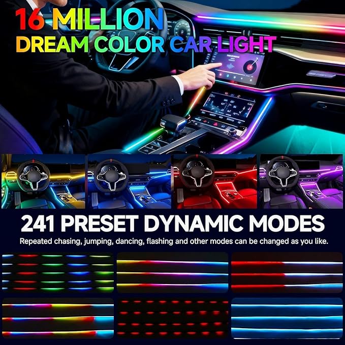Interior Car LED Strip Lights, Acrylic LED Lights for Car with Dynamic Dreamcolor Chasing, 10 in 1 175 inches 593 LEDs Ambient Lighting Kits Music Sync Wireless APP and Remote Control