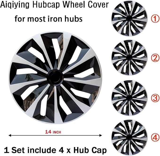 Hubcaps Wheel Covers Replacement R14 Size Hub Cap Universal-Fit Steel Wheel Rim Caps ABS Tire Cover Snap on Most Car Truck SUV Sedan -Set of 4（14-inch，Silver-Black）