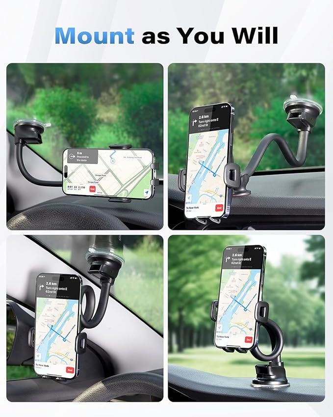 1Zero Solid Car Truck Phone Mount Holder with 14-Inch Gooseneck Long Arm, Windshield Window Mobile Holders w/Industrial-Strength Suction Cup, Anti-Shake Stabilizer Compatible All Cell Phones iPhone