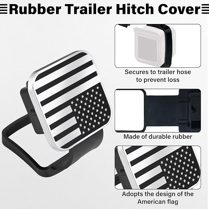 2 Inch Rubber Trailer Hitch Cover, Durable Tow Hitch Covers with American Flag, Car Exterior Accessories Fits for 2 Inches Hitch Receivers, Hitch Cover Tube Plug Cap for Trucks(Silver&Black Line)