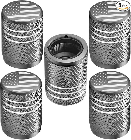 Tire Valve Stem Caps for Car Tire Cap 5 Pack Corrosion Resistant Leak-Proof Premium Alloy American Flag Universal for Car Bike Truck Motorcycle Grey
