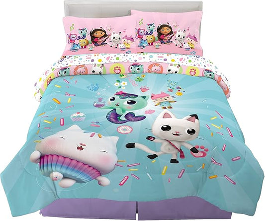 DreamWorks Gabby's Dollhouse Cakey, MerCat And Pandy Kids Bedding Super Soft Comforter And Sheet Set, 5 Piece Full Size, By Franco.