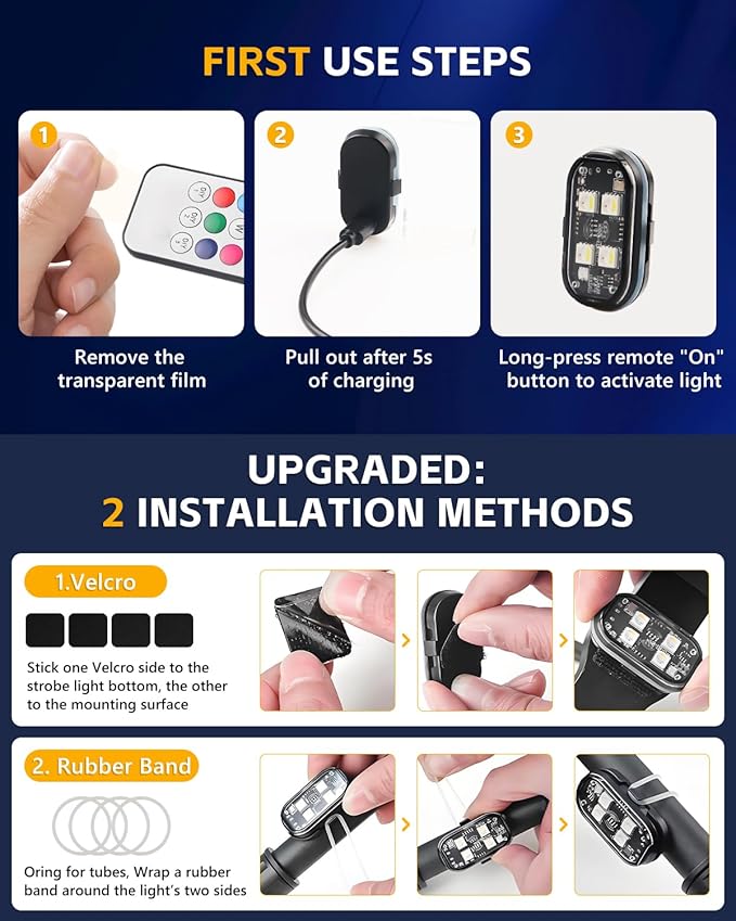 Upgraded 4PCS Wireless LED Strobe Lights for Car, 8 Colors Interior Car Lights with Remote Control, USB-C charging Warning Light for Car Motorcycle Drone Bike Decor