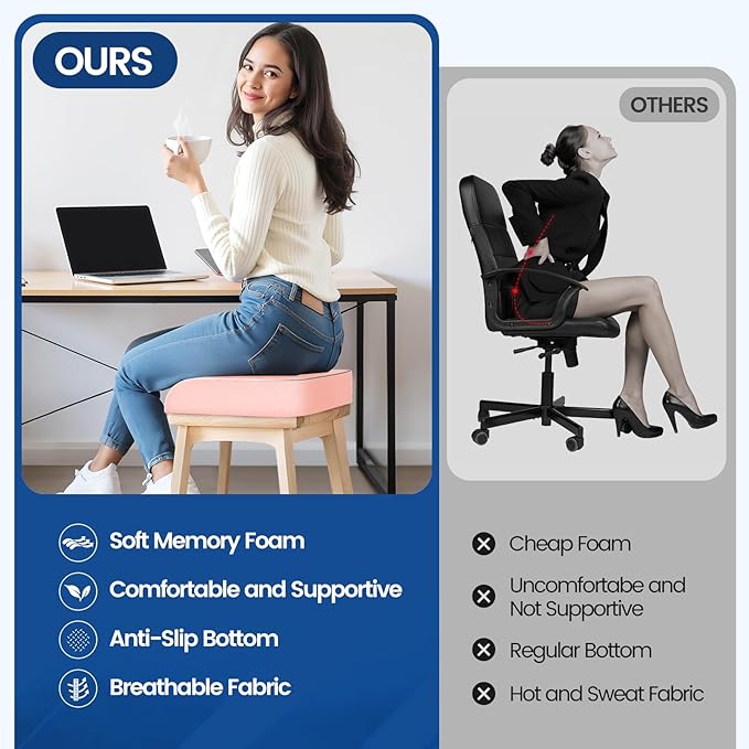 SweetSlubr Seat Cushion for Tailbone Pain Relief, Office Chair Cushion, Memory Foam Large Chair Cushion with Non-Slip Cover for Soft Support at Office Chair, Car Seat, Airplane Pink/Large