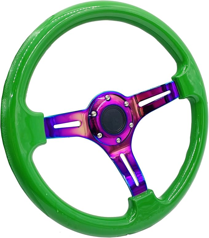 350mm Green Racing Steering Wheel Neo Chrome Spoke Universal 6 Bolts 45mm Deep Dish Classic ABS Wood Steering Wheel with Horn Button