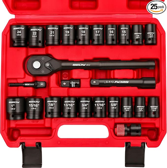 1/2" Drive Socket Wrench Set: 25-Piece SAE & Metric Impact Socket Ratchet Wrench Tool Set Socket Assortment with Storage Box for Repair Mechanic Garage