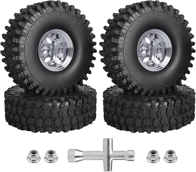 HobbyPark Negative Offset -10mm Deep Dish Aluminum Chrome 1.9 Beadlock Wheels and 1.9 Tires Good Grip for 1/10 RC Crawler Axial SCX10 TRX4 VS410 Gen8 RC4WD, Set of 4