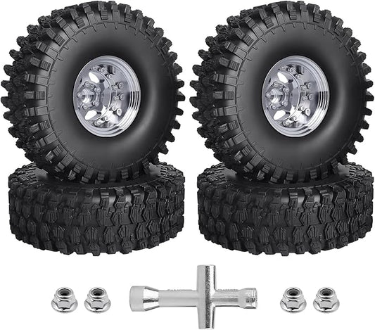 HobbyPark Negative Offset -10mm Deep Dish Aluminum Chrome 1.9 Beadlock Wheels and 1.9 Tires Good Grip for 1/10 RC Crawler Axial SCX10 TRX4 VS410 Gen8 RC4WD, Set of 4