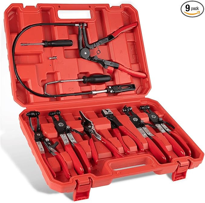 Sakerplus Professional Hose Clamp Kit, Pliers Set - Complete Fuel Line Tool Kit with Hose Removal Pliers & Clip Tools for Automotive Maintenance (9 in 1 Set)