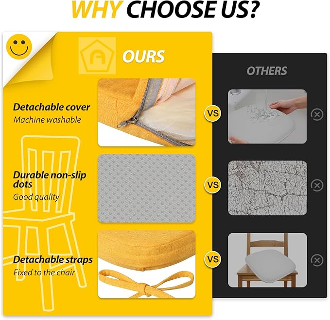 AAAAAcessories D-Shaped Chair Cushions, 2" Thick Dining Chair Pads with Ties and Removable, Machine-Washable Cover, 17" x 16", Set of 4, Golden Yellow