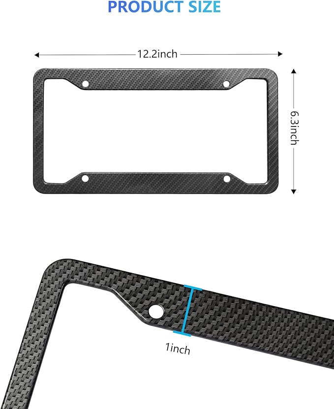 Carbon Fiber License Plate Frames- Black Carbon Pattern Aluminum Front & Rear Car Tag Holder Cover 2 Pack with Mount Hardware, Screws, Caps, Handlebar Stickers