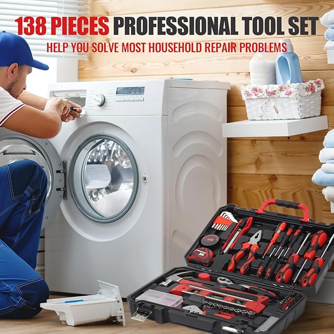 SPICIMOMO Red Home Tool Kit Set - 138 Pieces Red Tool Set, Home Tool Kit for Daily Repairing and Maintenance, Professional Tool Kit Set with Portable Storage Boxes