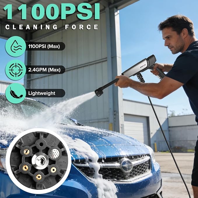 Cordless Pressure Washer Battery Powered;1100PSI Portable Cordless Power Washer,with Brushless Motor,2 Packs Battery&Charger,6-in-1 Nozzle, Foam Cannon, Electric Power Cleaner for Car, Garden, Home