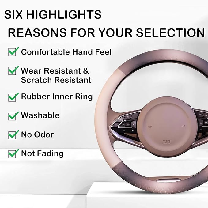 Steering Wheel Cover, Gray White Leather Steering Wheel Cover 14.5-15 Inch Non-Slip Breathable Microfiber Car Steering Wheel Covers for Men Women