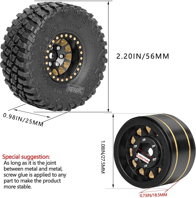 RC Full Brass 1.0in Beadlock RC Truck Tires Wheels Tires Upgrades Part for 1/18 1/24 Trx4m Axial SCX24 RC Crawler,RC Wheels Hops Up(4pcs Black)