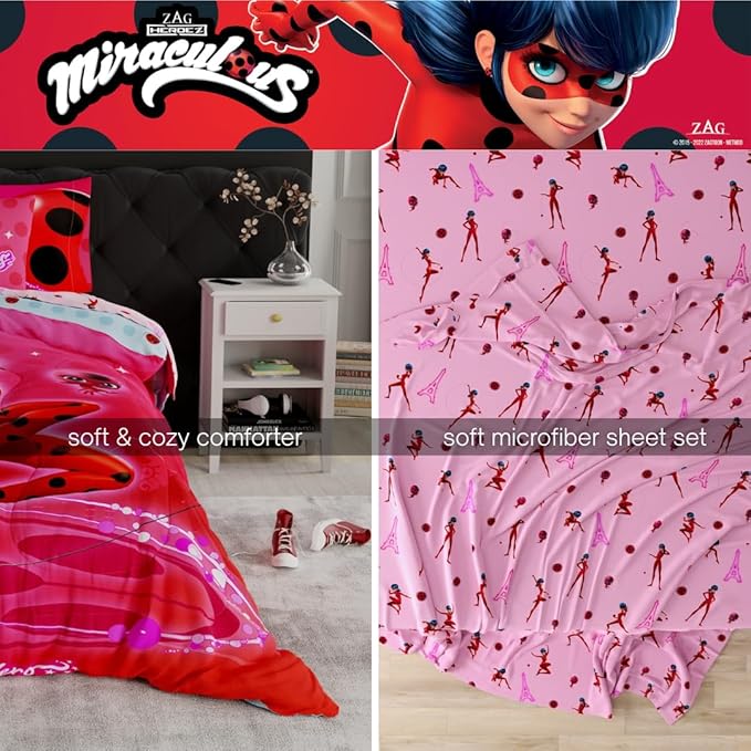 Miraculous: Tales of Ladybug and Cat Noir Kids Bedding Super Soft Comforter and Sheet Set, 5 Piece Full Size, (Officially Licensed Product)