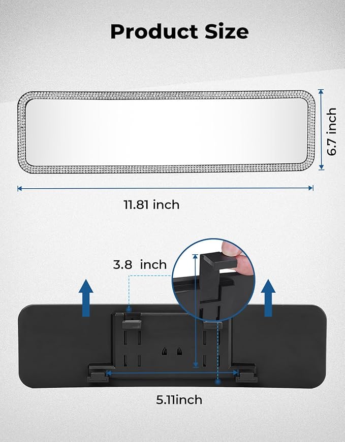JOYTUTUS Rear View Mirror, Universal 12 Inch Panoramic Rearview Accessories with Bling Rhinestones Crystal Diamonds Edge, Interior Clip-on Wide Angle Rear View Mirror -White