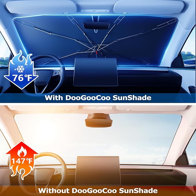 2026 Upgraded DooGooCoo Windshield Sun Shade Umbrella for Car, Reinforced Frame, UV Block Heat Shield, Keeps Interior Cooler, Foldable Front Windshield Cover, Small (52"x31")