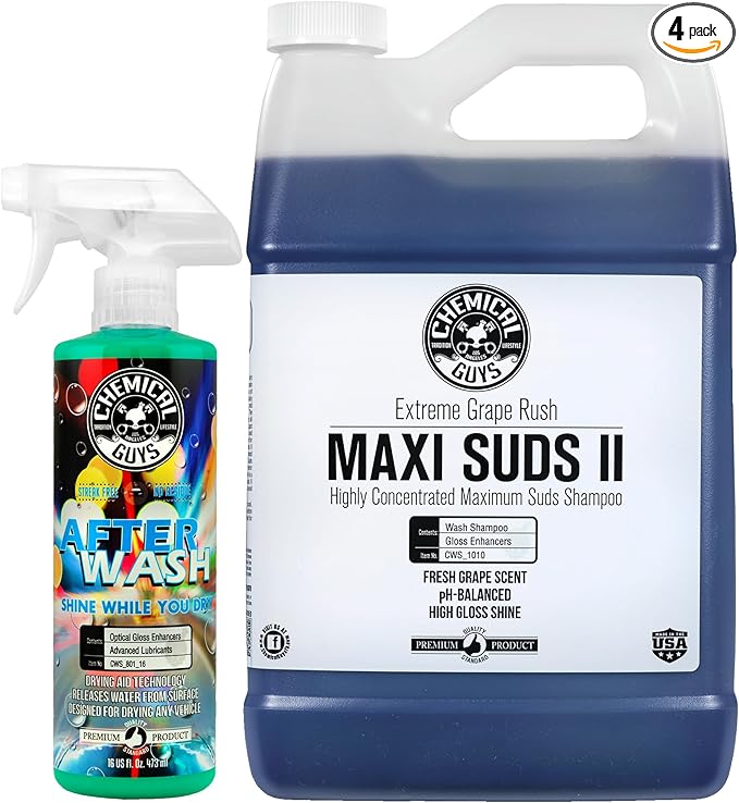 Chemical Guys CWS_1010A Car Wash, Dry & Shine Bundle - Maxi-Suds II Foaming Car Wash Soap, 128 oz (1 Gallon, Grape Scent) + After Wash Gloss Boosting Drying Aid (16 oz) (2 Items)