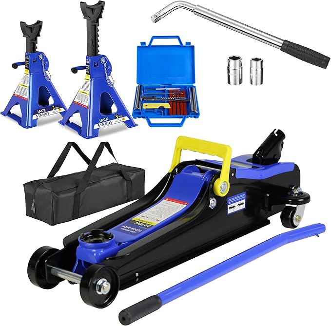 5 Piece Car Truck Floor Jack Service with Jack Stands Tire Repair Kit L-Wrench for Garages, Automotive,Repair Shops, Portable, 4,000 lbs. Capacity, Lifting Range 3.3" - 15.2",Heavy Duty Steel, Blue