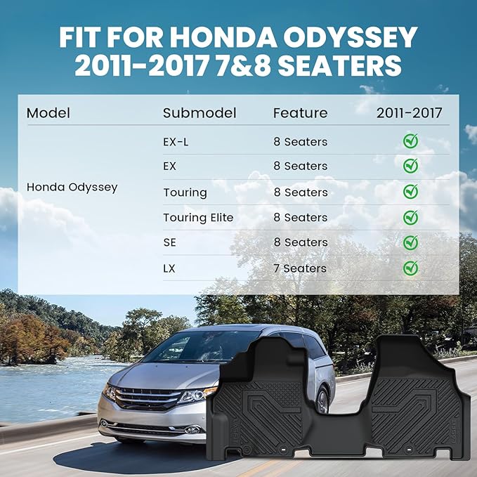 LASFIT Floor Mats & Trunk Mat for Honda Odyssey 2011-2017 (Fit 7& 8 Seaters), All Weather TPE Custom Fit Car Floor Liners, 1st & 2nd & 3rd Row & Cargo Mat, Black (EX-L/EX/Touring/Touring Elite/SE/LX)