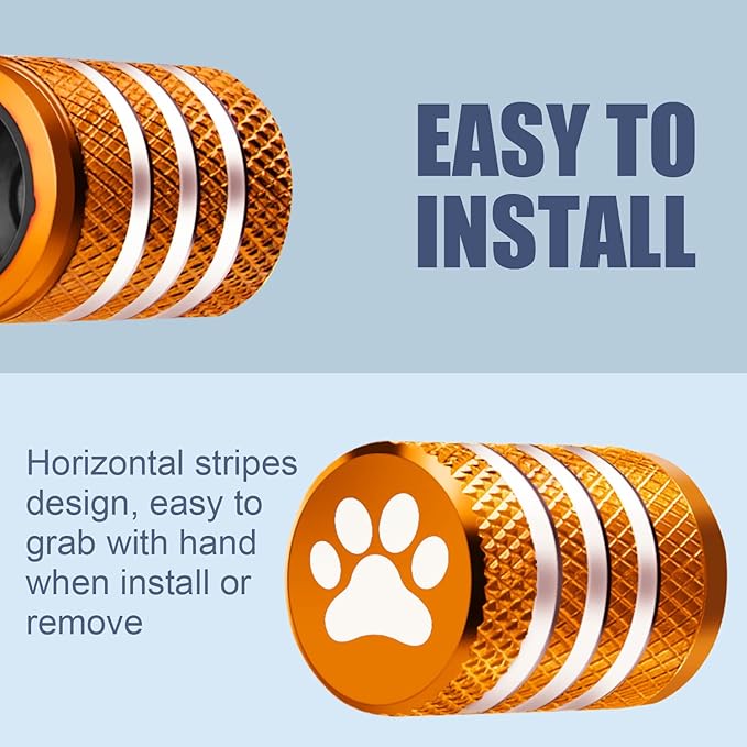 Tire Valve Stem Caps Cover - (5 Pack) Tire Air Caps Metal with Plastic Liner Corrosion Resistant Leak-Proof Dog Paw Print for Car Truck Motorcycle Bike Orange