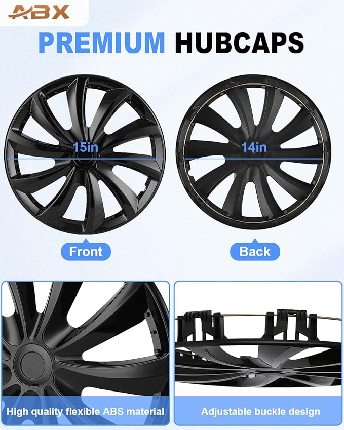 ABX Hubcap Wheel Covers Hub Caps 15 Inch Set of 4 Black & Silver Universal Wheel Rim Cover R15 Stylish Car Decor Wheel Covers for Toyota Camry Nissan Mazda (black-11, 15 inch)