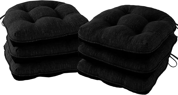 IPYNBAP Chair Cushions for Dining Chairs Set of 6, Kitchen Chair Cushions, Chair Pads with Ties and Non Slip Backing, Tufted Memory Foam Seat Cushion 6 Pack, 15.5" x 15.5" x 4", Black