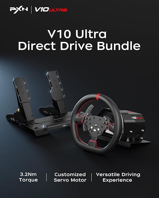 PXN V10 Ultra Direct Drive Gaming Steering Wheel for PC, PS4, Xbox – 3.2Nm Force Feedback, Servo Motor, 4 Paddle Shifters, Hall Pedals – Sim Racing Wheel for Driving Simulators and Racing Games