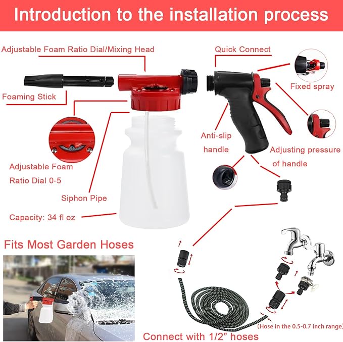 Car Wash Kit - Car Cleaning Kit,Car Wash Kit with Foam Gun, Microfiber Sponge and Towels,Tire Brush, Collapsible Bucket,Car Wash Foam Gun