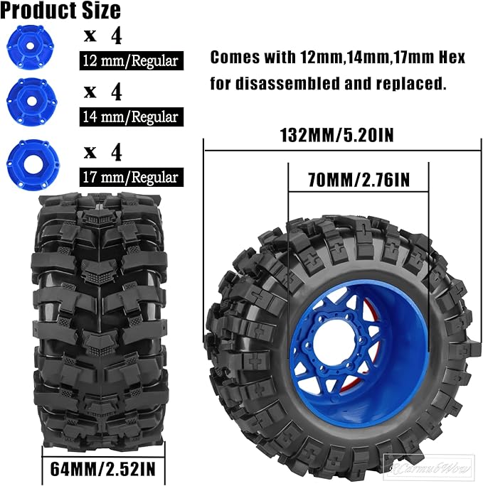 1/10 Scale RC Truck Tires,Wheels and Tires w/12/14/17MM Hex for Rustler Stampede Hoss, Granite Vorteks Big Rock 3S,1/10 Off Road Tires Rubber Truck Tyres w/Foam Insert,Navy Blue w/Red