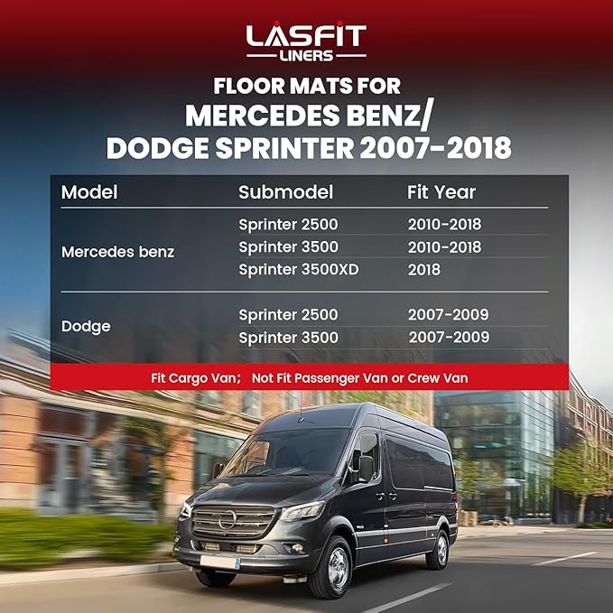LASFIT Floor Mats for Mercedes Benz & Dodge Sprinter 2500/3500 2007-2018 (Fit for Cargo Van), All Weather TPE Floor Liners Custom Fit Sprinter 2007-2018 Car Mats, 1st Row with Center Aisle Liner