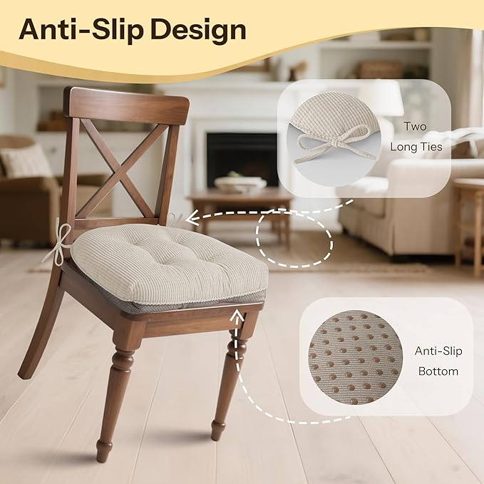 Indoor Kitchen Chair Cushions Set of 2 18"X16.5"X3" Soft Anti Slip Dining Chair Pads Tufted Kitchen Seat Cushion with Ties, Beige