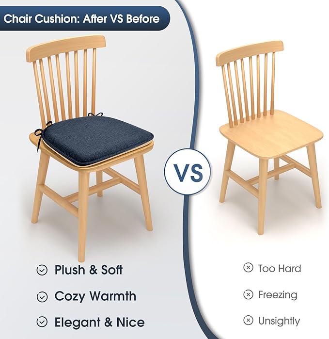 TushGuard Chair Cushions for Dining Chairs Set of 4, Soft Seat Cushions for Kitchen Chairs, Non-Slip Bottom with Ties, Comfortable Everyday Chair Pads, Blue