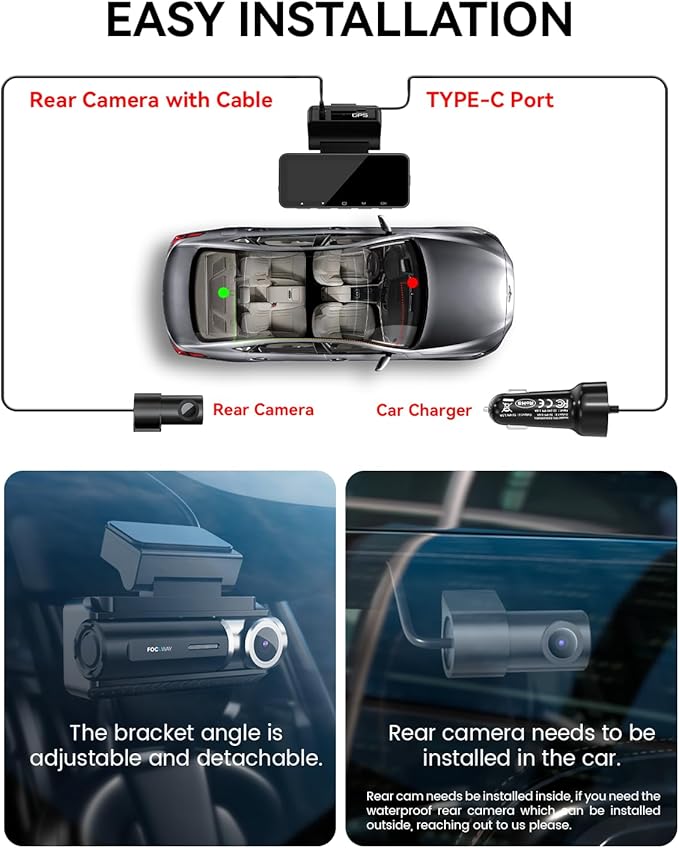 FOCUWAY Dash Cam Front and Rear, Real 4K@30fps/2K@60fps+1080P@30fps Dash Camera for Car, Touchscreen, Voice Control, with GPS WiFi, HDR Night Vision, 64GB Card, 160 Wide Angle, 24H Parking Mode