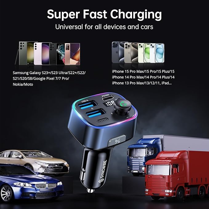 Syncwire Bluetooth 5.4 FM Transmitter Car Adapter 48W(PD 36W & 12W) [Light Switch] [Hi-Fi Deep Bass] [Fast Charging] Wireless Radio Music Adapter LED Display Hands-Free Calling Support USB Drive