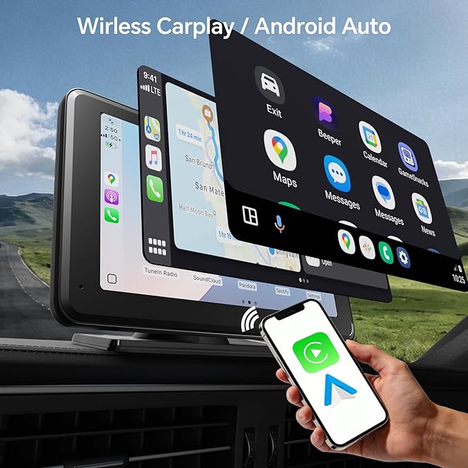 Wireless CarPlay & Android Auto Car Stereo - 7" HD Portable Touchscreen with Bluetooth 5.2, GPS Navigation, Mirror Link, 1080P Backup Camera, AUX & FM Transmitter - Plug & Play Receiver for Vehicles