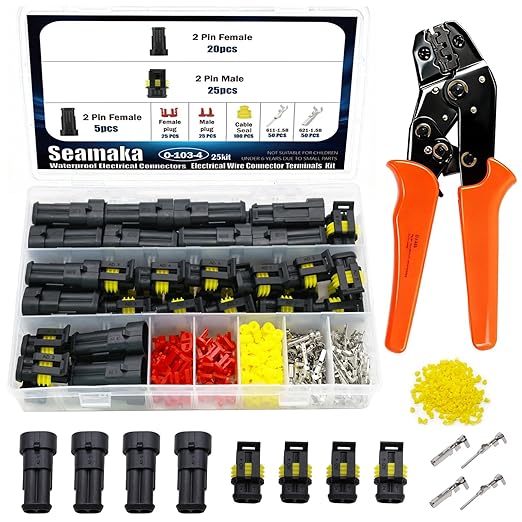 300Pcs 25 Kits 2 Pin Connector,2 Wire Connector with Ratchet Crimping Tool,Automotive Waterproof Electrical Connectors 22-16 AWG