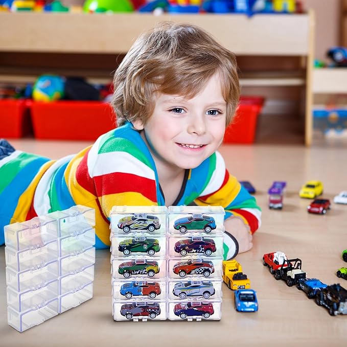 Marsui 100 Pcs 1/64 Scale Toy Cars Organizer Storage Case Clear Individual Toy Car Display Case1.4 x 1.4 x 3.5 Inches (White)