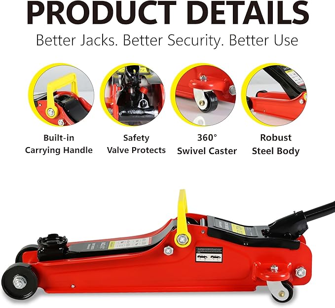 Henf 2 Ton Low Profile Floor Jack with Storage Bag,Professional Steel Racing Single Piston Quick Lift Pump,Red Heavy Duty Hydraulic Lifting Range 3.3''-15.2'',2 (4,000 lb)