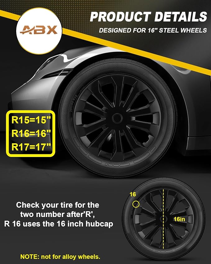 ABX Hubcap Wheel Covers Hub Caps 16 Inch Set of 4 Black Universal Wheel Rim Cover R16 Stylish Car Decor Wheel Covers for Toyota Camry Nissan Mazda (black-10, 16 inch)