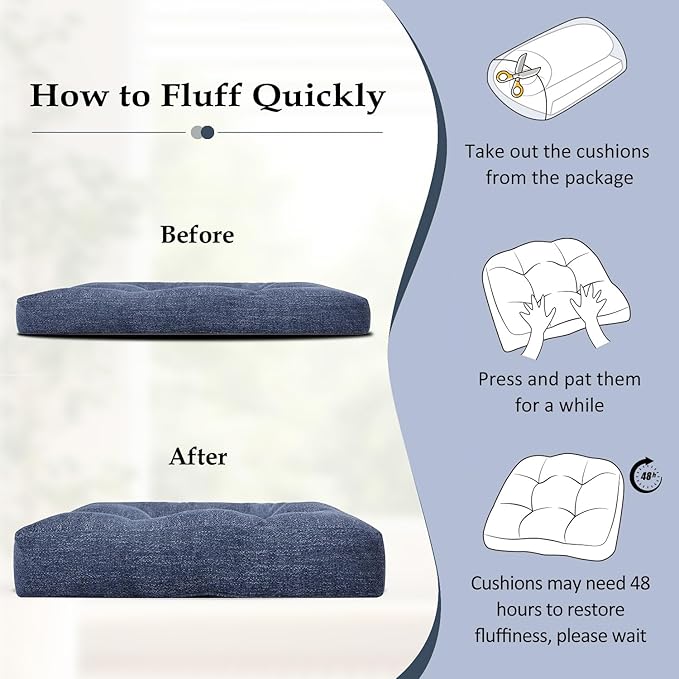 downluxe Chair Cushions for Dining Chairs 2 Pack, Tufted Indoor Chair Pads with Non-Slip Bottom, U-Shaped Kitchen Chair Cushions, 17"x17"x4", Navy Blue