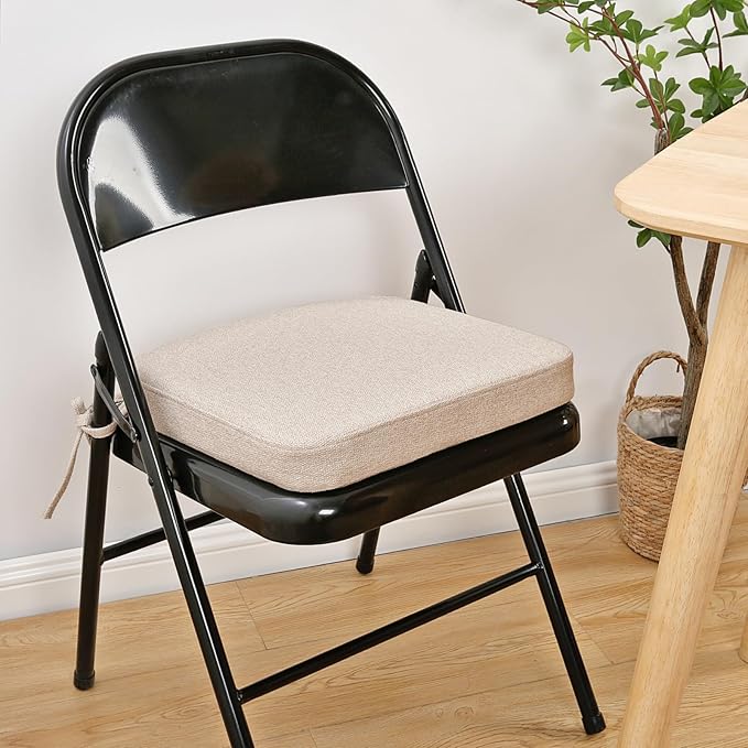 SINOSSO Memory Foam Chair Cushion for Folding Chair 1 Pcs, Thickened 2" Square Kitchen Chair Pad with Ties, Indoor Non-Slip Dining Chair Seat Cushion (1 Piece, Oatmeal Beige)