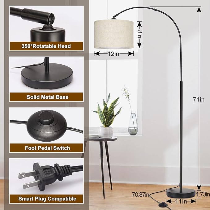 Seaside village Arc Floor Lamps for Living Room, Modern Standing Lamp with Adjustable Hanging Drum Shade, Tall Pole Lamp with Foot Switch, Over Couch Arched Reading Light for Bedroom, Office (Black)