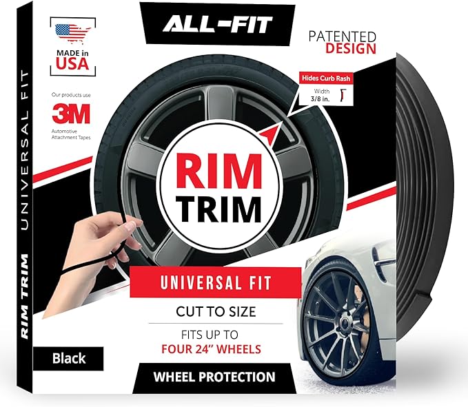All-Fit Automotive Rim Trim – Durable DIY Car Exterior Accessories for Curb Rash Protection – Fits Up to Four 24” Wheels – Flexible, Durable Wheel Rim Protector (3/8″ width/Black)