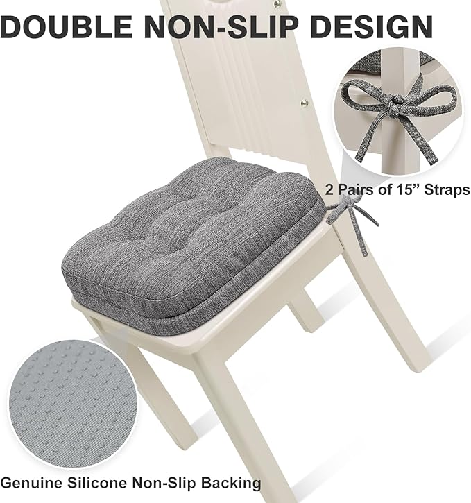 Shinnwa Dining Chair Cushions Set of 6, Dual-Layer Memory Foam Kitchen Chair Cushions, Patented Design Seat Pads with Ties, 16.5 x 16.5 x 3.5in, 6 Pack, Grey