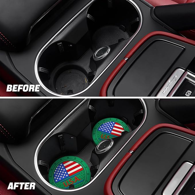 AUCELI 2 Pack Car Cup Holder Coasters, Colored American Flag US Flag Insert Car Cup Coaster, 2.75 Inch Anti Slip Shockproof Embedded Drink Mat, Vehicle Interior Decor Accessories