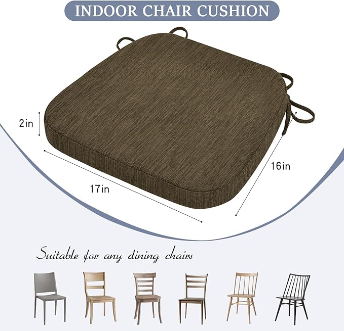 baibu Kitchen Chair Cushions Set of 4, Dual-Layer Patented Design Memory Foam Dining Chair Pads with Ties and Washable Cover, 4 Pack, 17" x 16" x 2", Brown